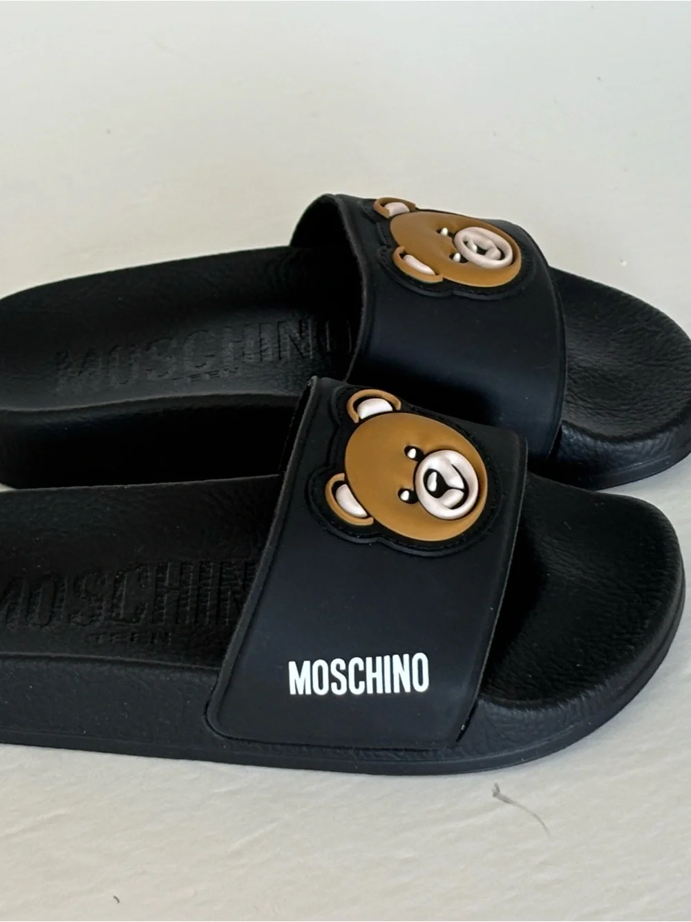 Moschino Black Kids Slide Sandals with Brown Bear Motif